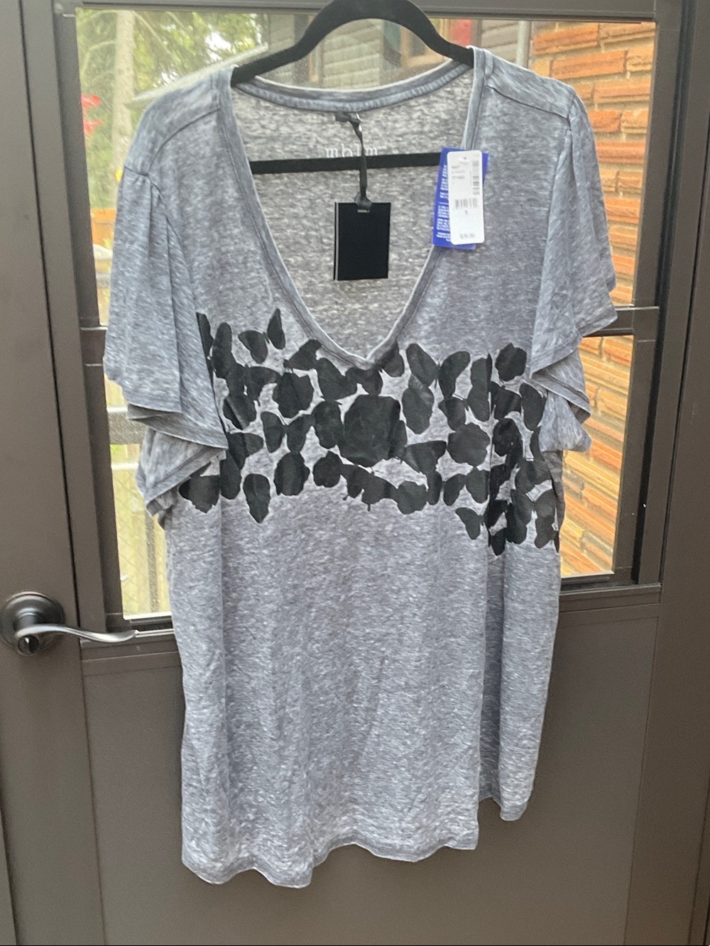Penningtons Gray Short Sleeve V-Neck Tee with Black Floral Band